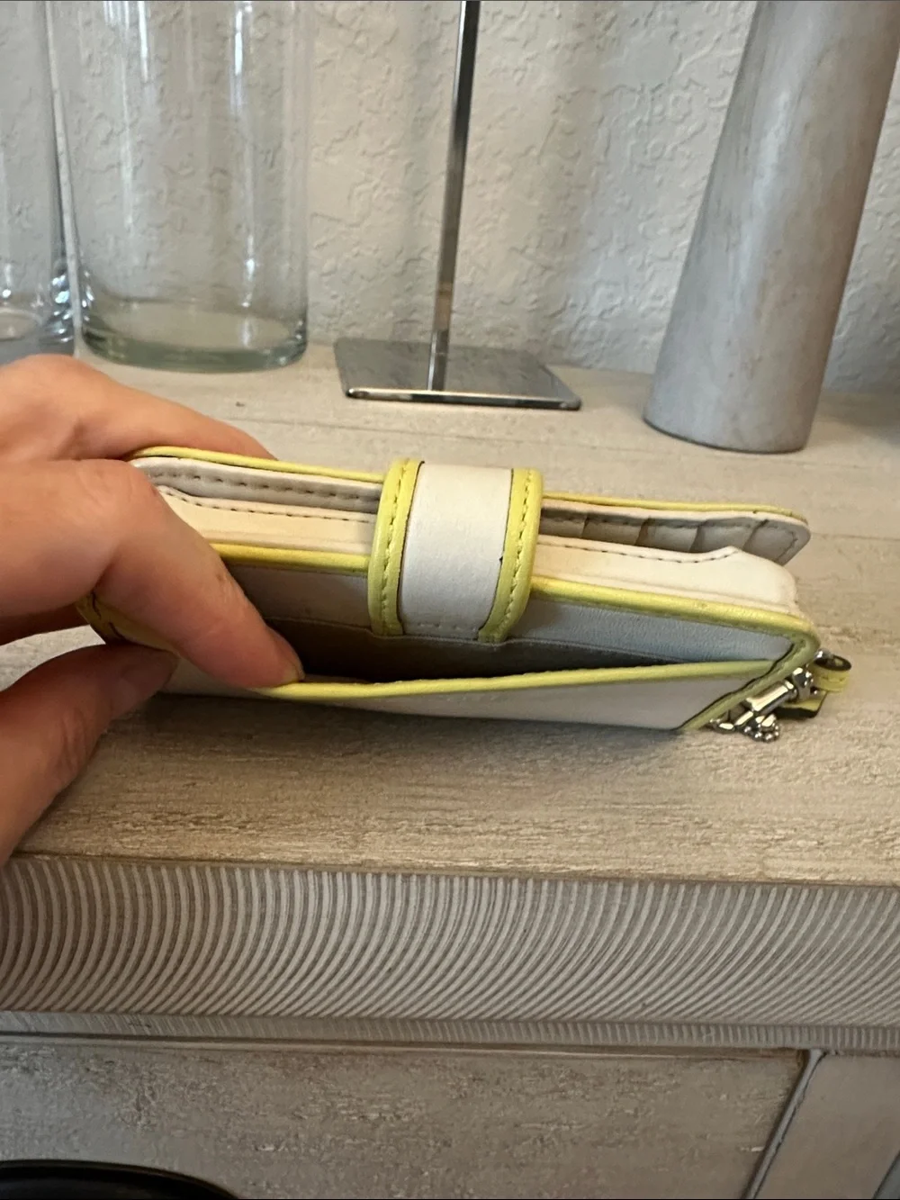 Coach White Leather Phone Case with Yellow Trim and Wristlet